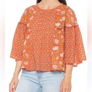 Rachel Zoe Orange Floral Blouse Boho 3/4 Sleeve